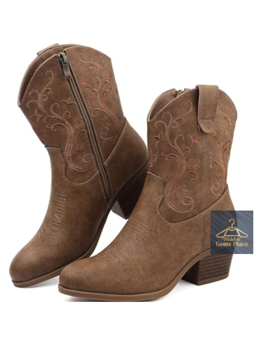 Women's Western Cowboy Boots Short Shaft Side Zip Floral Embroidered Faux